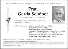 Traueranzeige Gerda Schöner