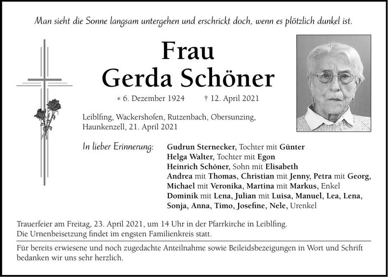Traueranzeige Gerda Schöner