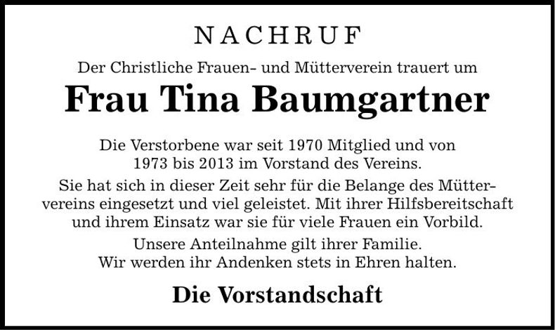 Traueranzeige Tina Baumgartner