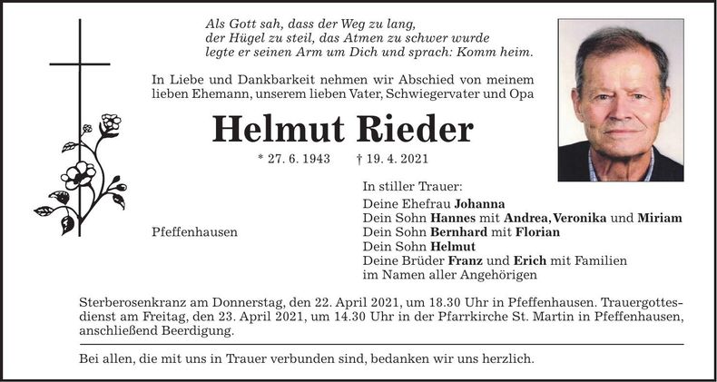 Traueranzeige Helmut Rieder