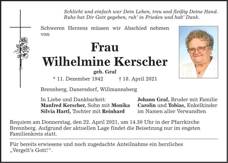 Traueranzeige Wilhelmine Kerscher