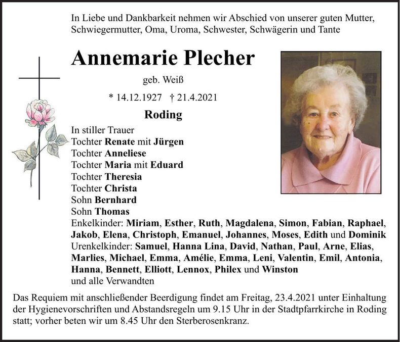Traueranzeige Plecher Annemarie