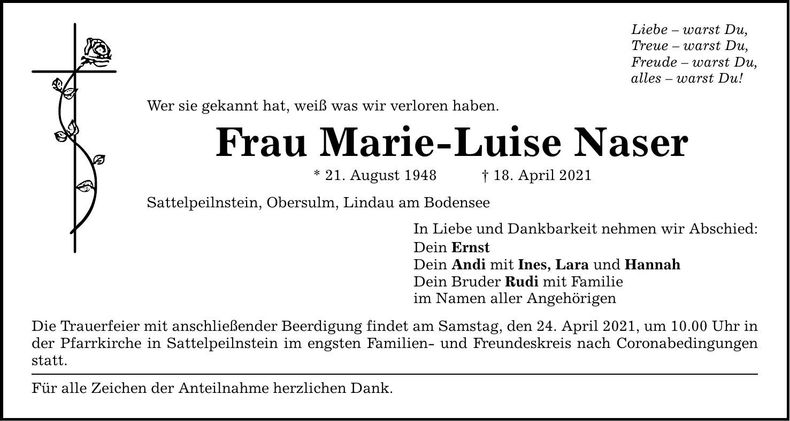Traueranzeige Marie-Luise Naser