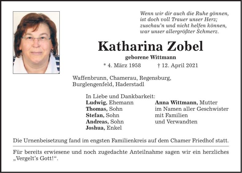 Traueranzeige Katharina Zobel