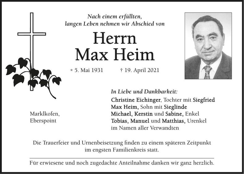 Traueranzeige Max Heim
