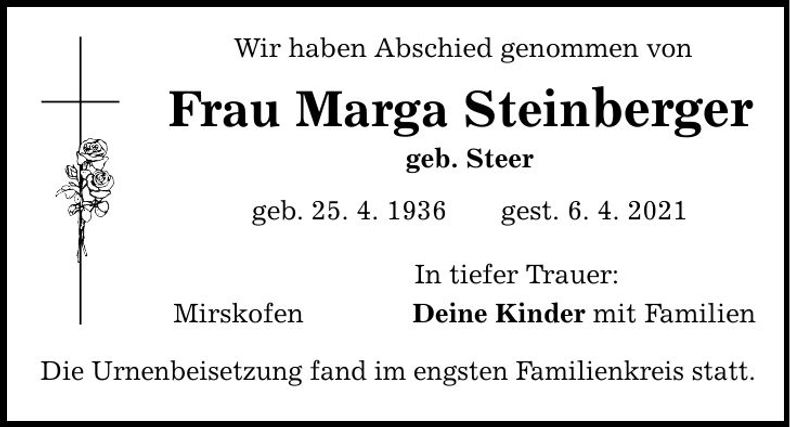 Traueranzeige Marga Steinberger