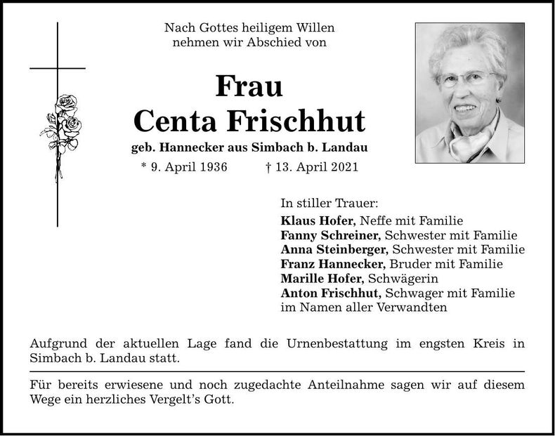Traueranzeige Centa Frischhut