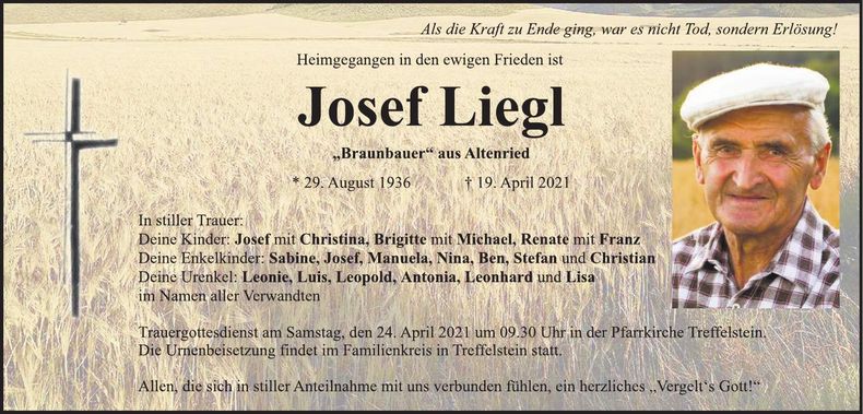 Traueranzeige Josef Liegl