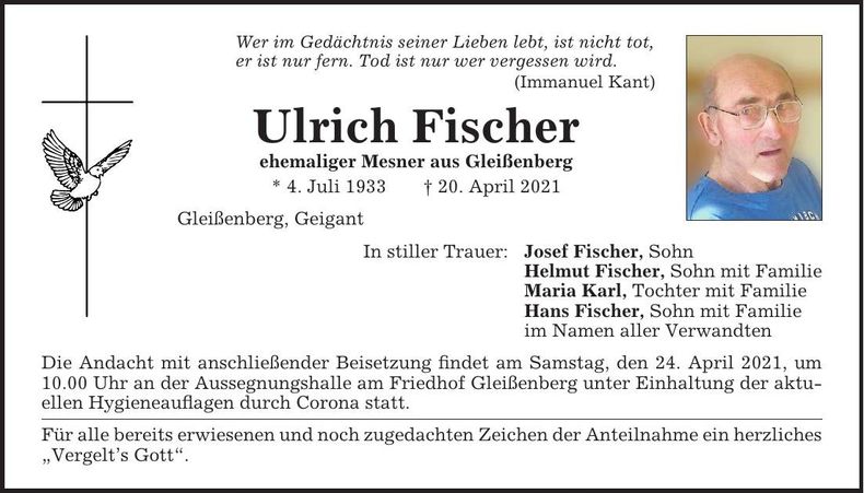 Traueranzeige Ulrich Fischer