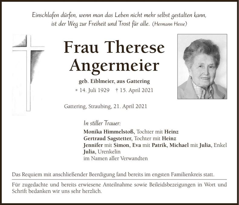 Traueranzeige Therese Angermeier