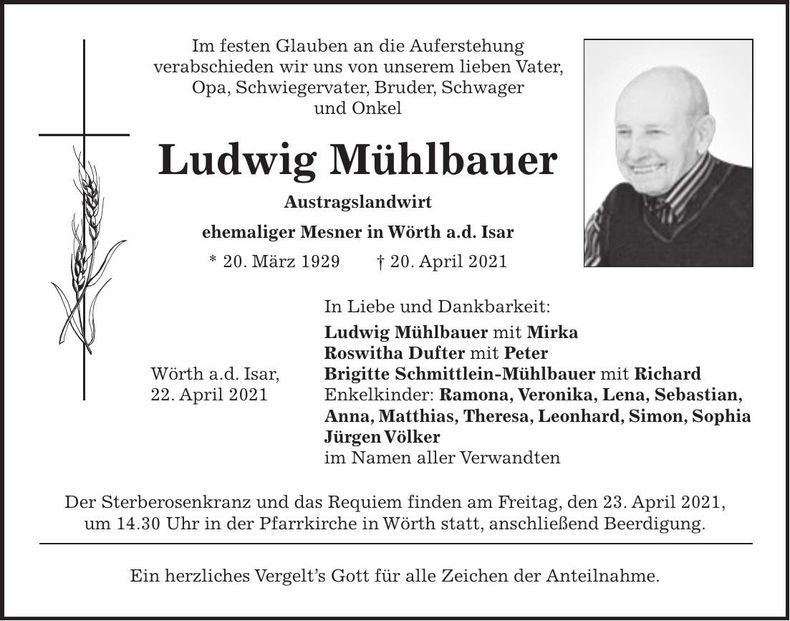 Traueranzeige Ludwig Mühlbauer