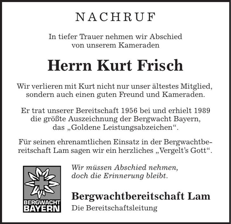 Traueranzeige Kurt Frisch