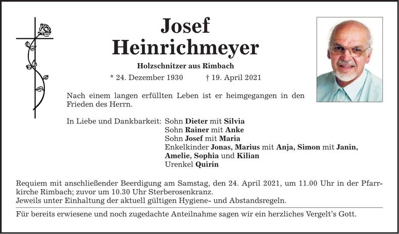 Traueranzeige Josef Heinrichmeyer
