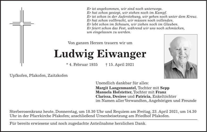 Traueranzeige Ludwig Eiwanger
