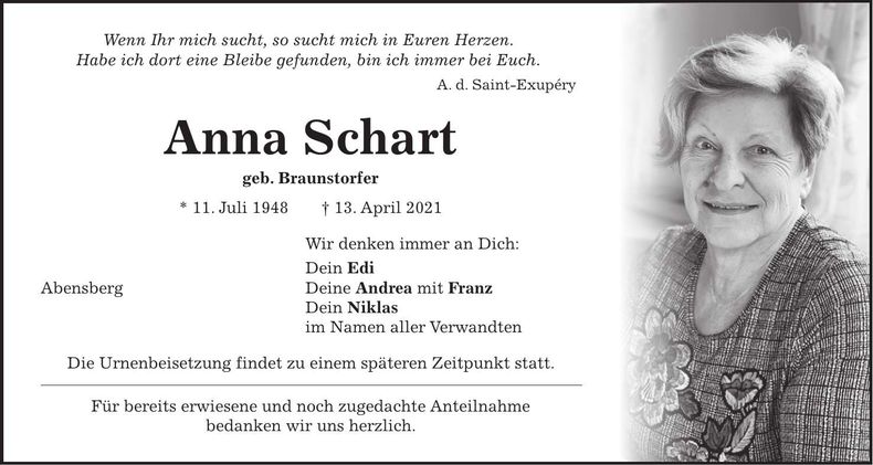 Traueranzeige Anna Schart