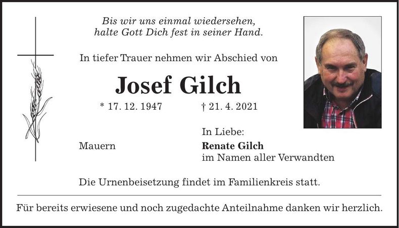 Traueranzeige Josef Gilch