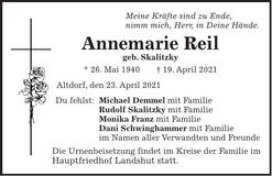 Traueranzeige Annemarie Reil