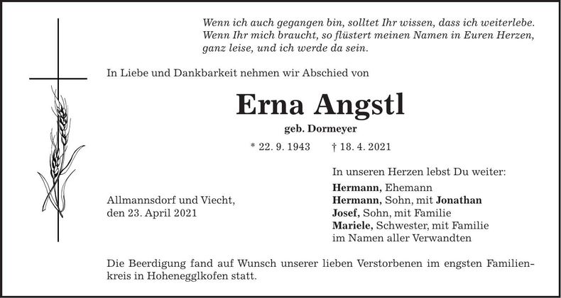 Traueranzeige Erna Angstl