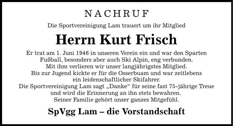 Traueranzeige Kurt Frisch