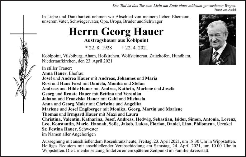 Traueranzeige Georg Hauer