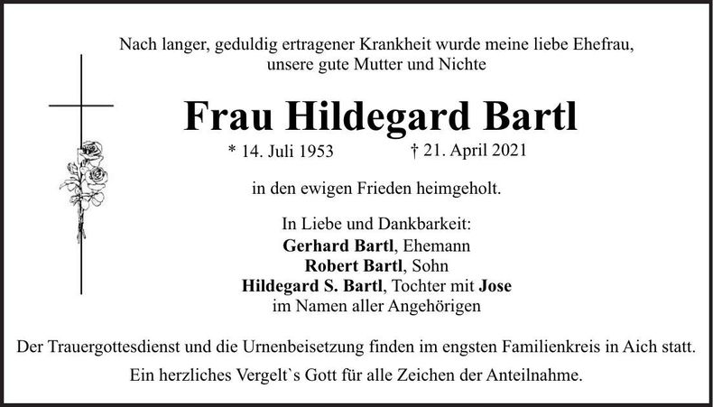 Traueranzeige Hildegard Bartl