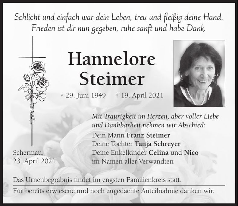 Traueranzeige Hannelore Steimer