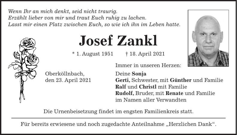 Traueranzeige Josef Zankl