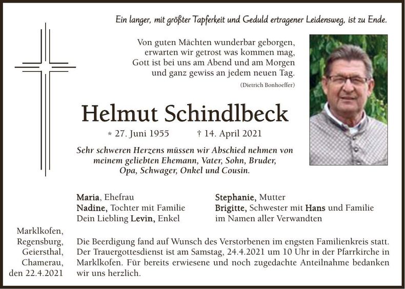 Traueranzeige Helmut Schindlbeck