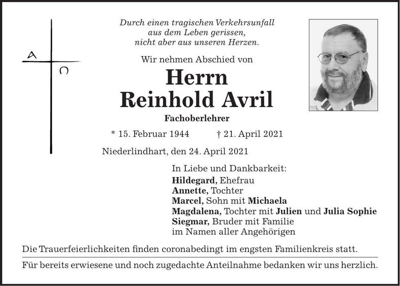 Traueranzeige Reinhold Avril