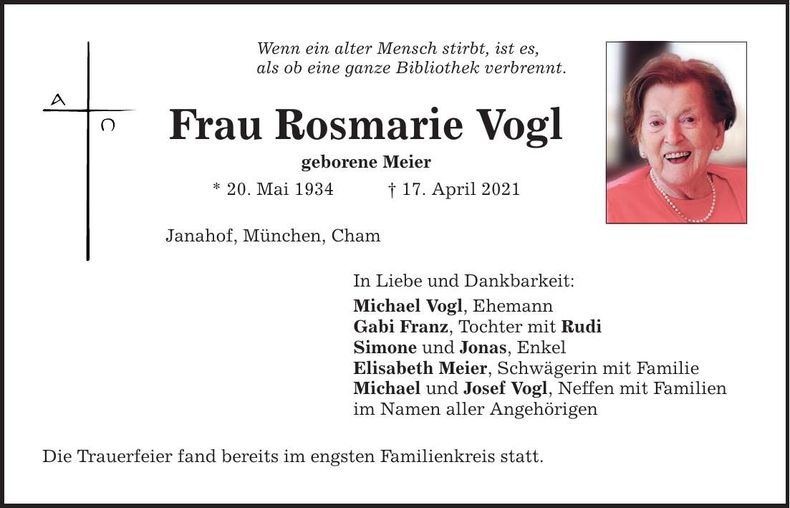 Traueranzeige Rosmarie Vogl