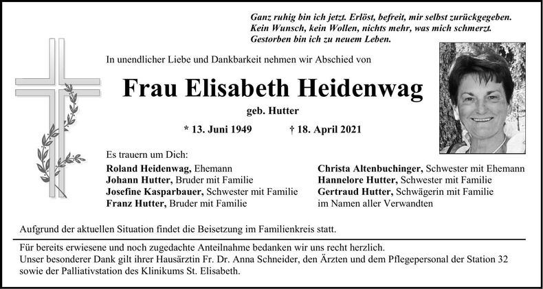 Traueranzeige Elisabeth Heidenwag