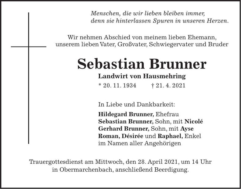 Traueranzeige Sebastian Brunner