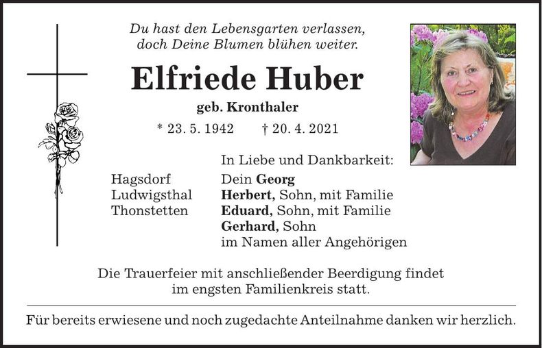 Traueranzeige Elfriede Huber