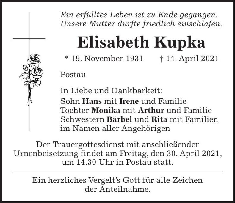 Traueranzeige Elisabeth Kupka