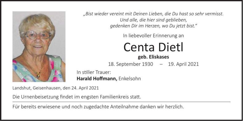 Traueranzeige Centa Dietl