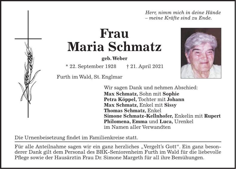 Traueranzeige Maria Schmatz