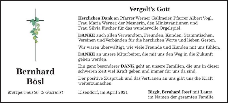 Traueranzeige Bernhard Bösl