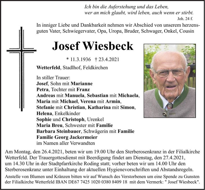 Traueranzeige Josef Wiesbeck