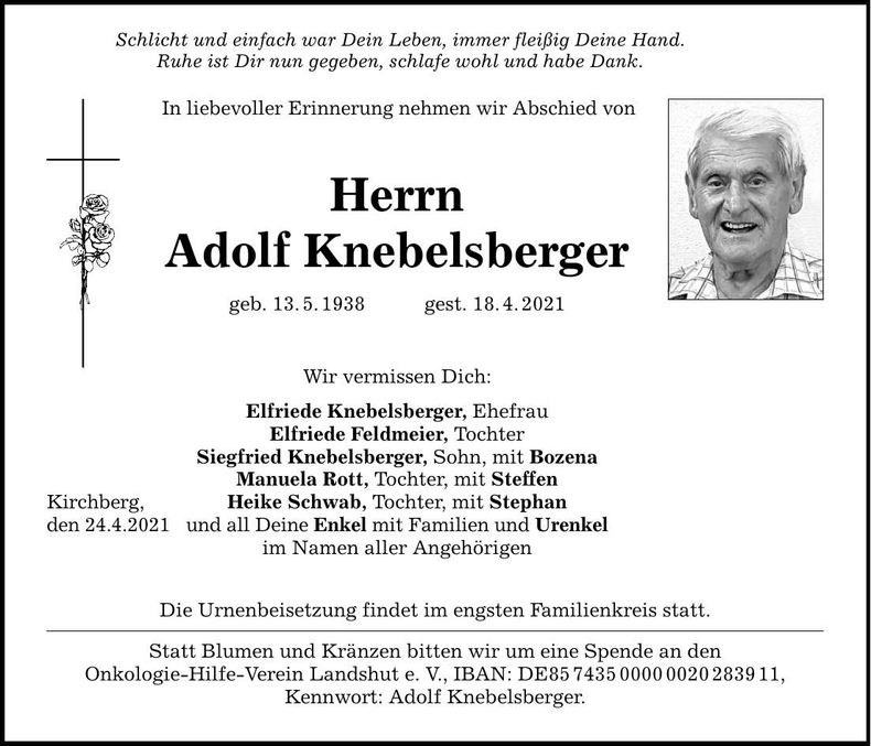Traueranzeige Adolf Knebelsberger