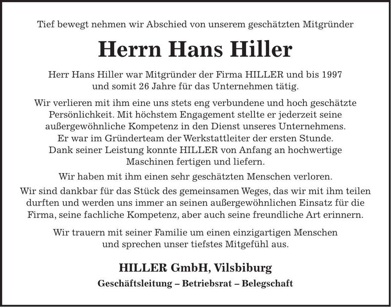Traueranzeige Hans Hiller