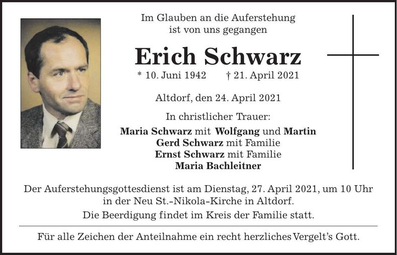 Traueranzeige Erich Schwarz