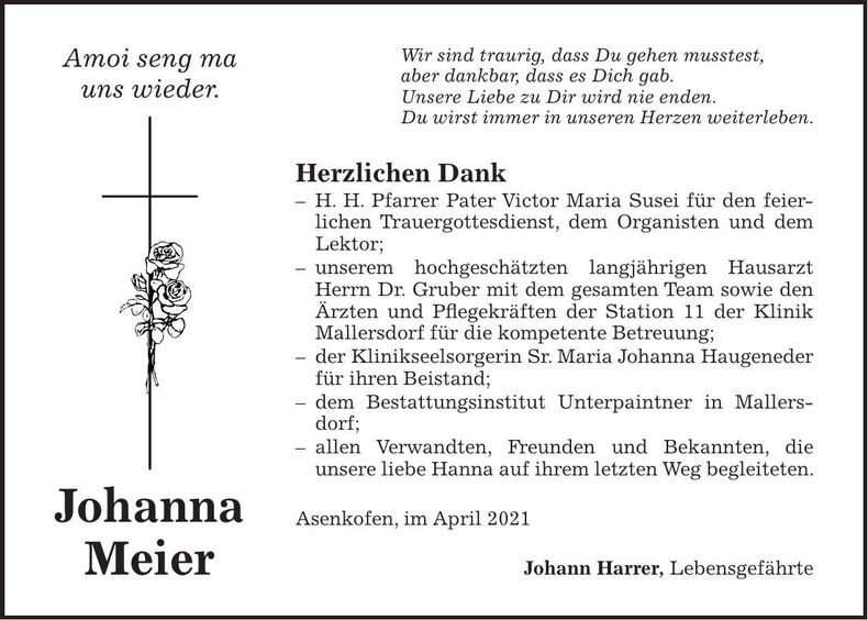 Traueranzeige Johanna Meier