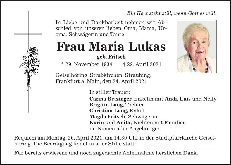 Traueranzeige Maria Lukas