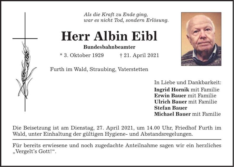 Traueranzeige Albin Eibl