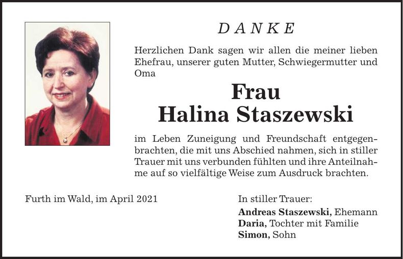 Traueranzeige Halina Staszewski