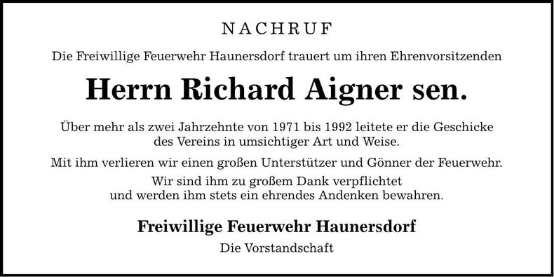 Traueranzeige Richard Aigner sen.