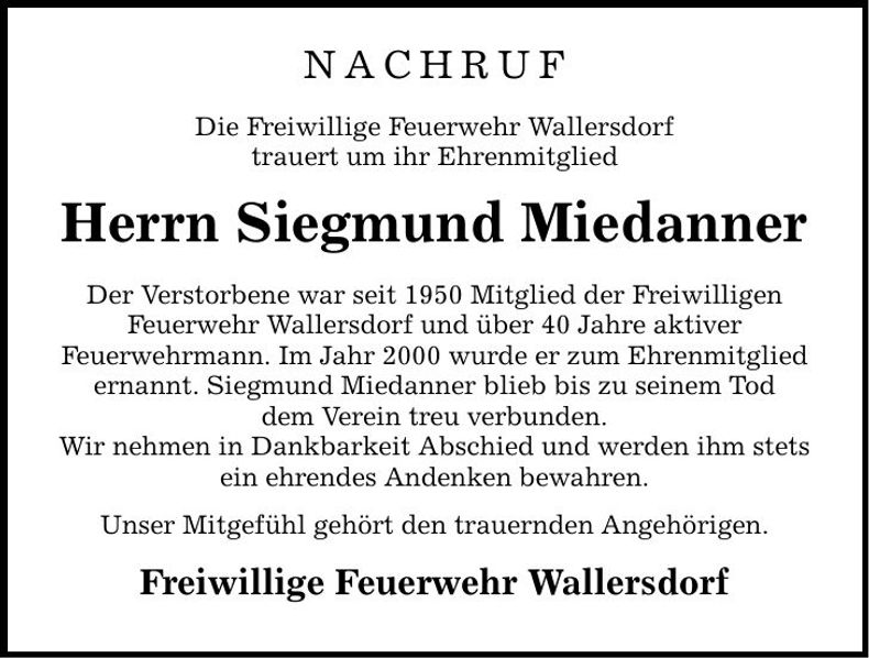 Traueranzeige Siegmund Miedanner