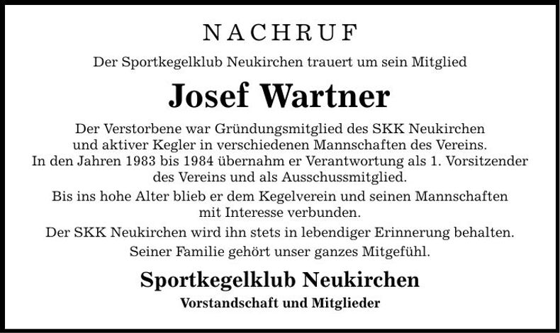 Traueranzeige Josef Wartner