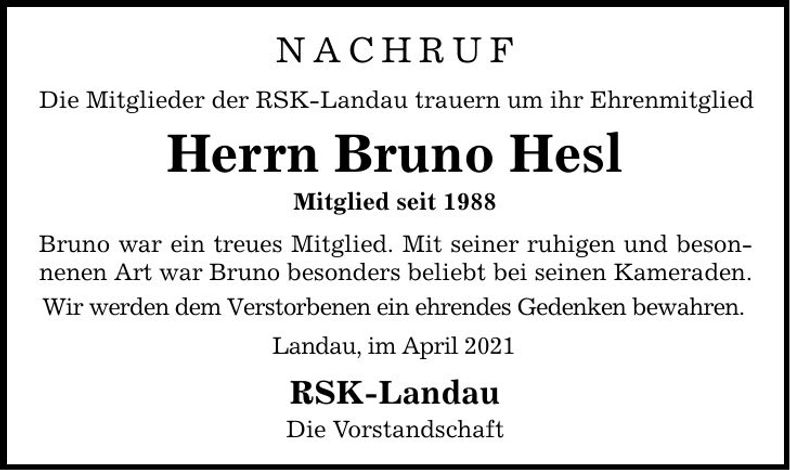 Traueranzeige Bruno Hesl