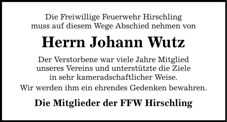 Traueranzeige Johann Wutz